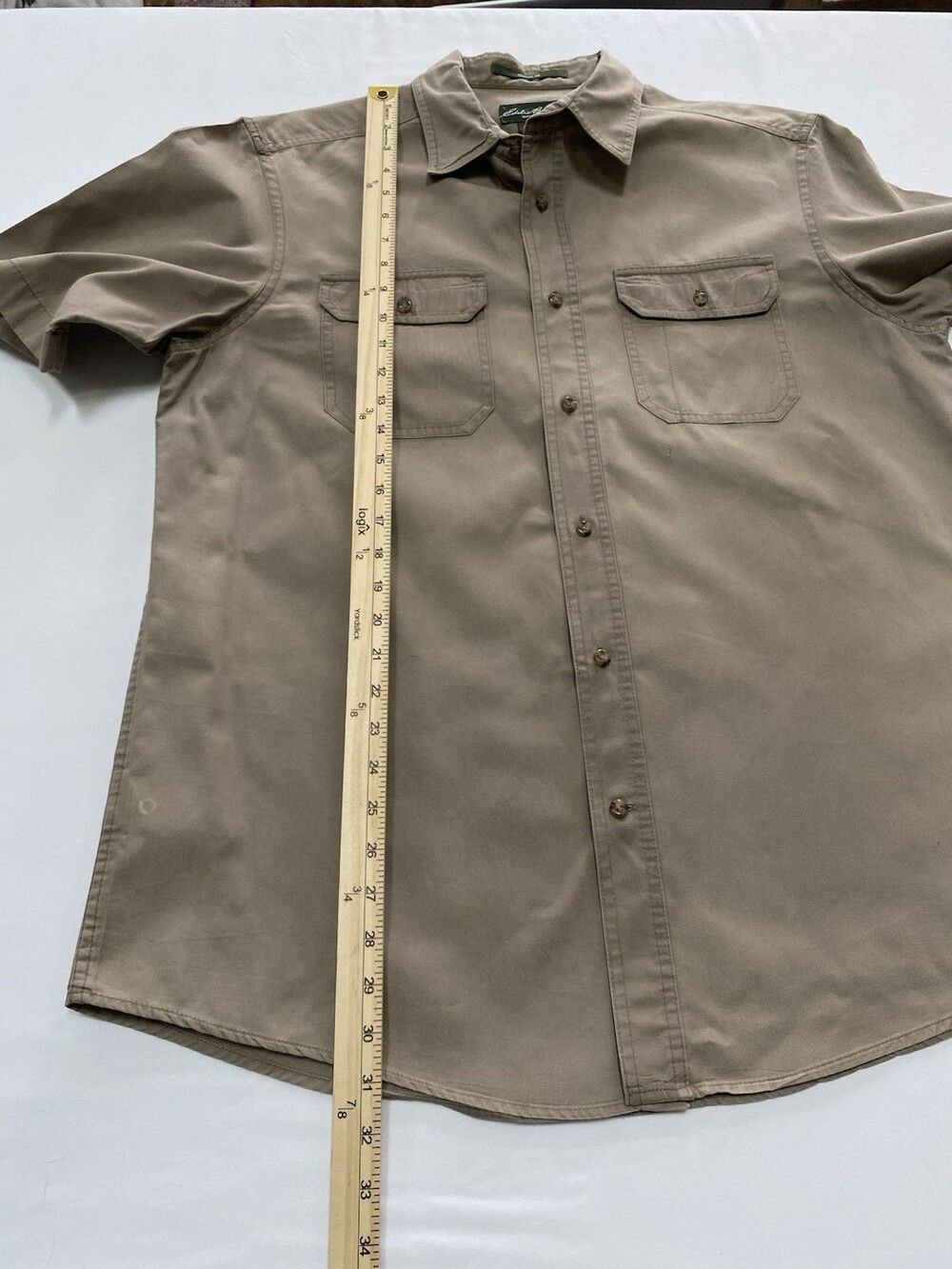 Eddie Bauer Men's Large Short Sleeve Button Down Shirt Classic Fit Khaki Cotton - Picture 5 of 6